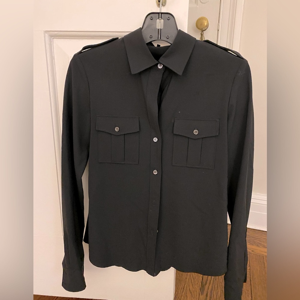 Theory Black Military Style Fitted Wool Shirt